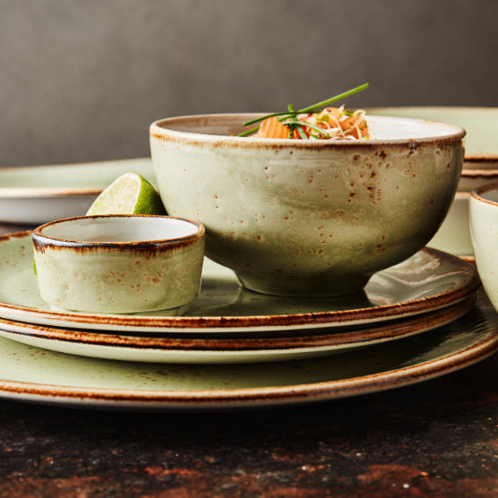 SC Hospitality Steelite Craft green ceramic ramekin with rustic hand-applied glaze and brown rim detail