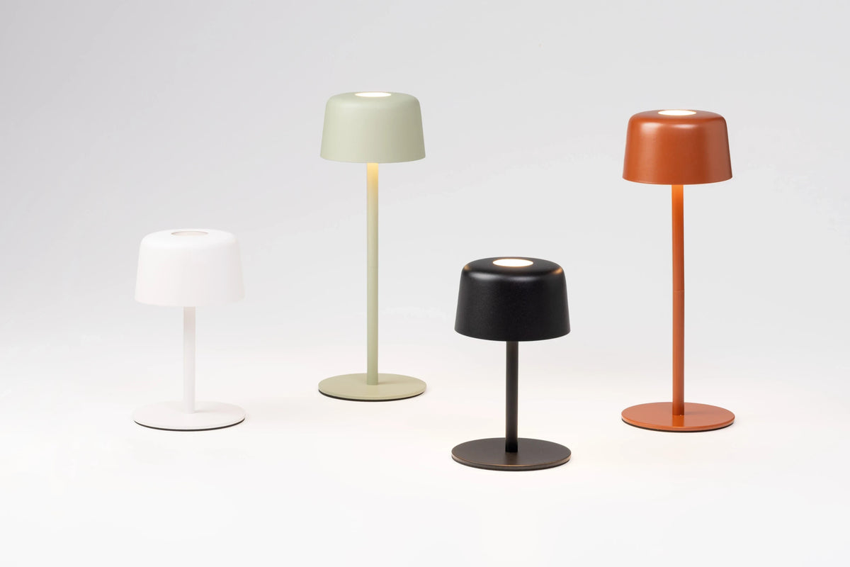 SC Hospitality Ailati 1+1 table lamps in white, sage green, black, and terracotta with minimalist modern design