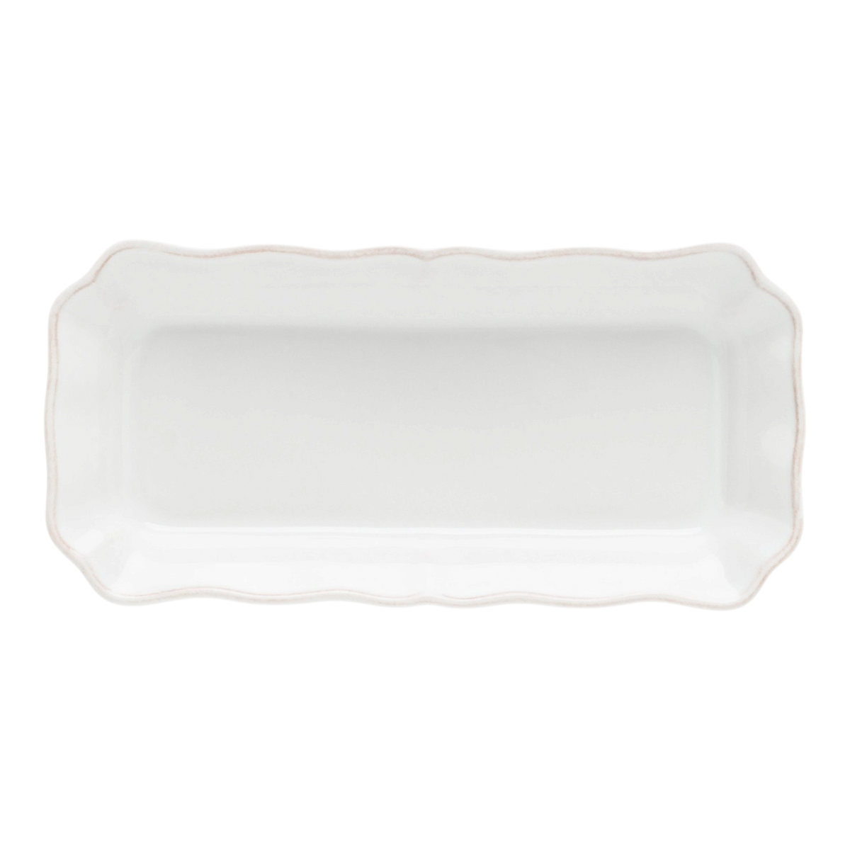 SC Hospitality Alentejo rectangular white ceramic tray with a decorative scalloped edge, 21cm length.