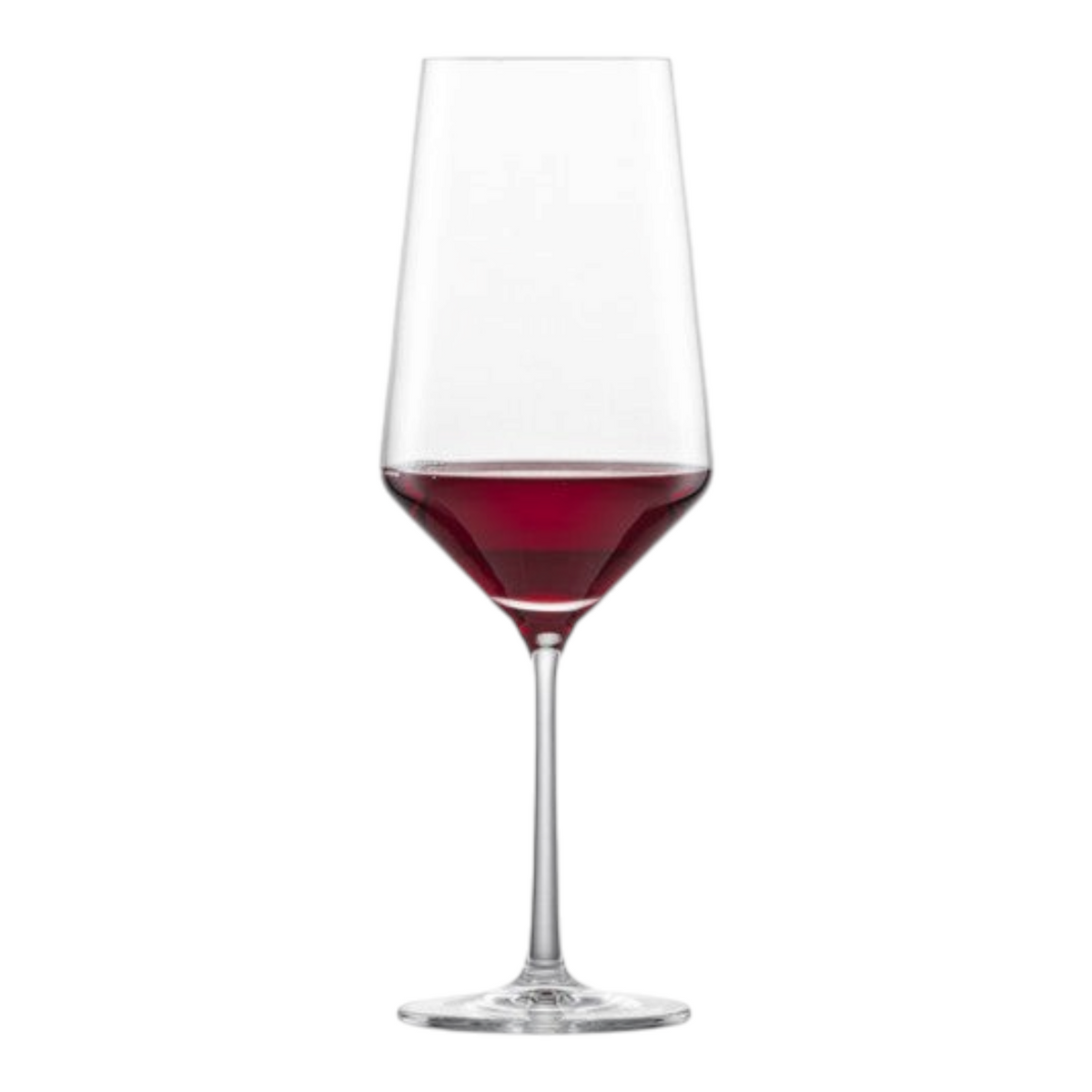 SC Hospitality Belfesta Bordeaux crystal wine glass with angular bowl and long stem filled with red wine.