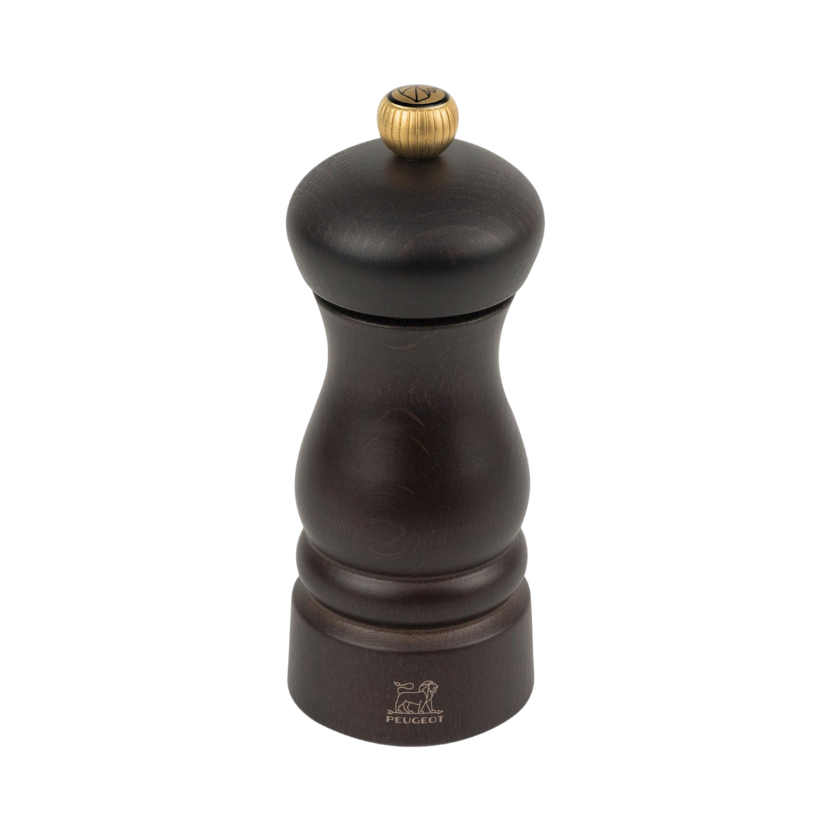 SC Hospitality Clermont dark wood pepper mill with a tapered design and gold-tone adjustment knob on a white background