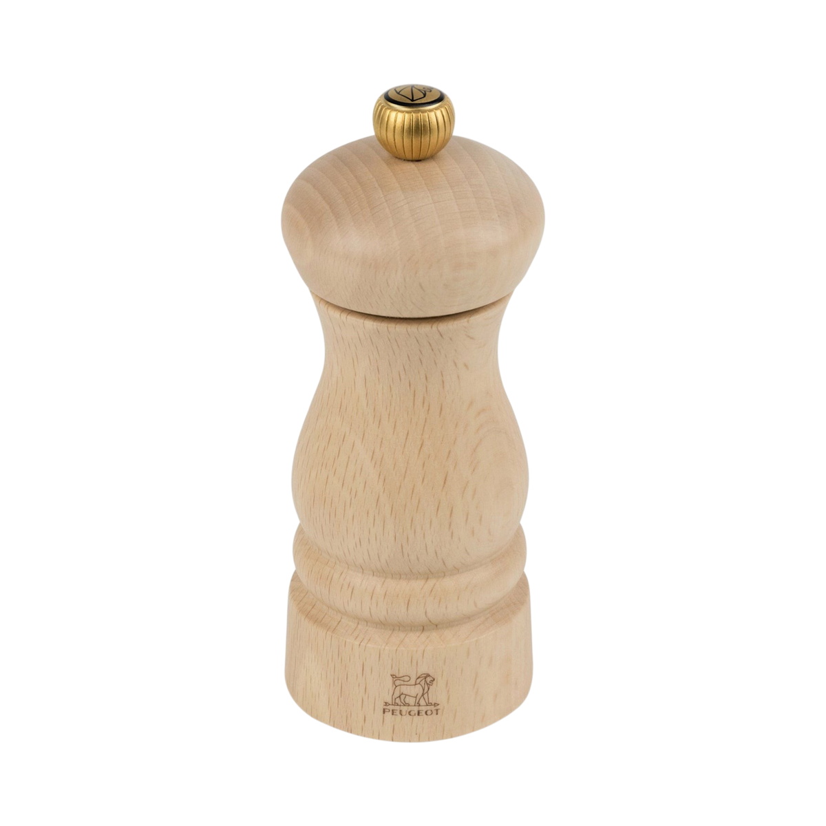 SC Hospitality Clermont 14cm pepper mill in natural unfinished beechwood with a gold-tone adjustment knob.