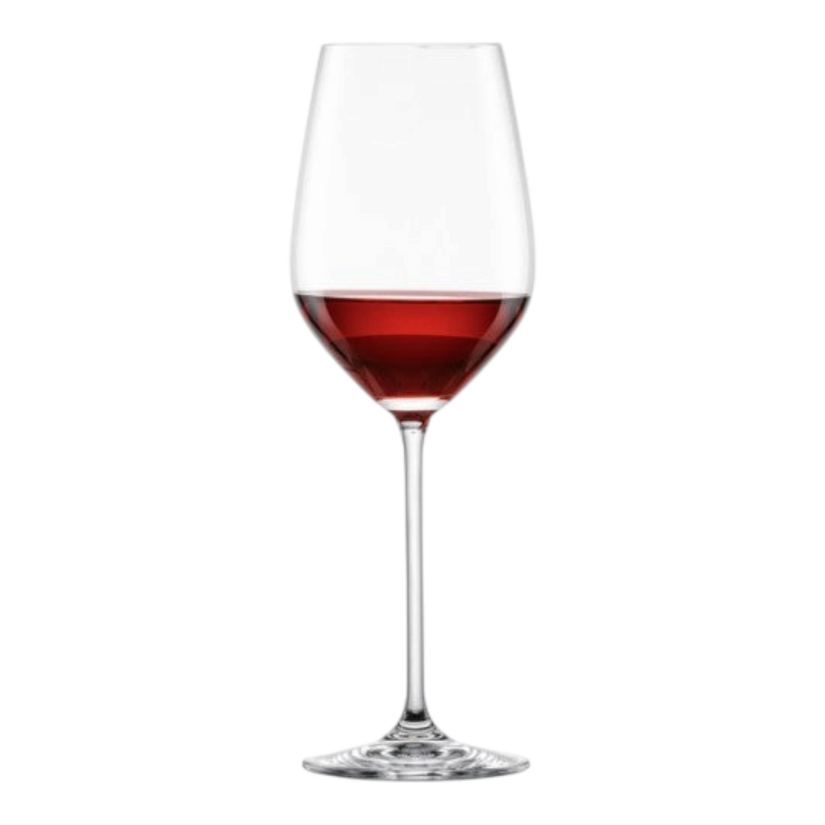 SC Hospitality Fortissimo 505ml crystal wine goblet with a long stem and elegant bowl profile filled with red wine.