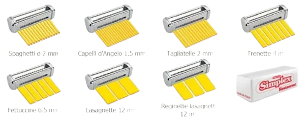 SC Hospitality Imperia Restaurant manual pasta machine showing various pasta cutting attachments and fresh pasta shapes