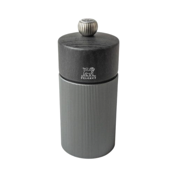 SC Hospitality Peugeot Line 12cm salt mill featuring a textured aluminium body and a dark graphite wooden top.