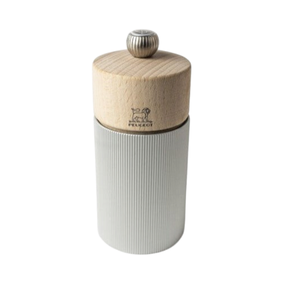 SC Hospitality Line 12cm salt mill featuring a brushed aluminium body and natural wood top with a textured finish.