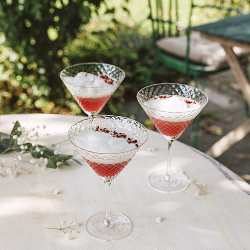SC Hospitality Mixology goblet martini glasses with geometric texture filled with red cocktails on a garden table