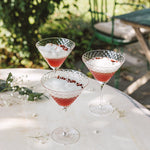 SC Hospitality Mixology goblet martini glasses with geometric texture filled with red cocktails on a garden table