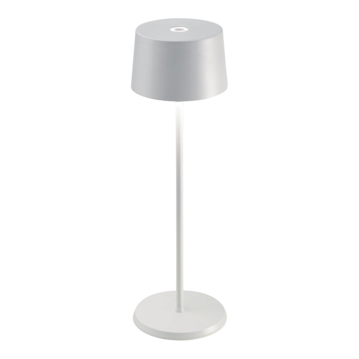 SC Hospitality Olivia Pro white cordless LED table lamp with a minimalist design for indoor and outdoor dining.