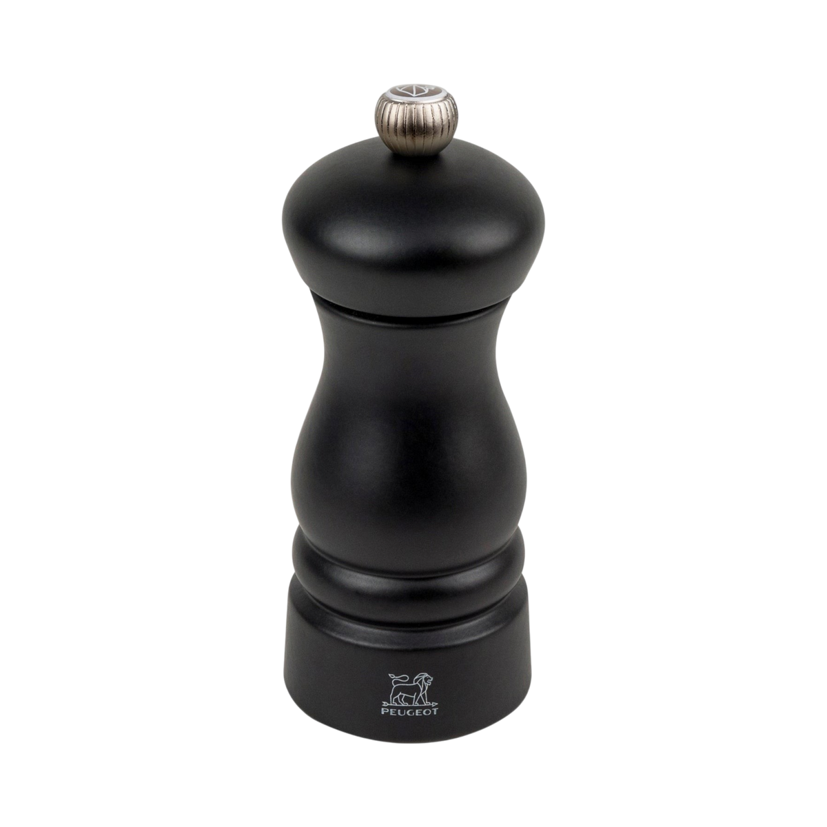 SC Hospitality Peugeot Clermont 14cm salt mill in black lacquer with a tapered design and silver-toned adjustment knob.
