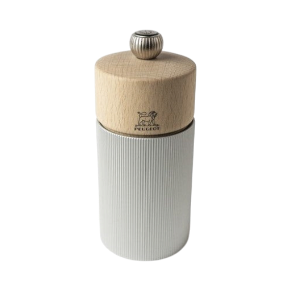 SC Hospitality Peugeot Line pepper mill featuring a natural wood top and brushed aluminium textured body