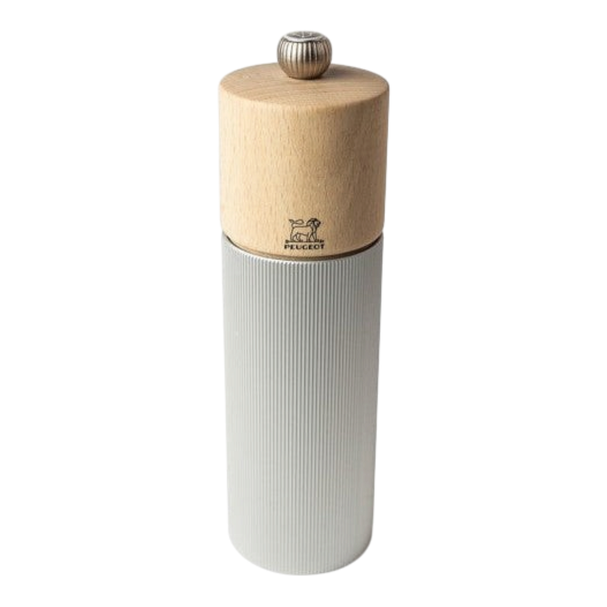 SC Hospitality Peugeot Line 18cm salt mill featuring a ribbed aluminium body and natural wood top.