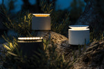SC Hospitality Push-Up table lamps in sand finish glowing on a textured tree trunk in an outdoor garden setting