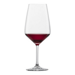 SC Hospitality Taste Bordeaux wine glass in clear Tritan crystal with a tapered tulip bowl filled with red wine.