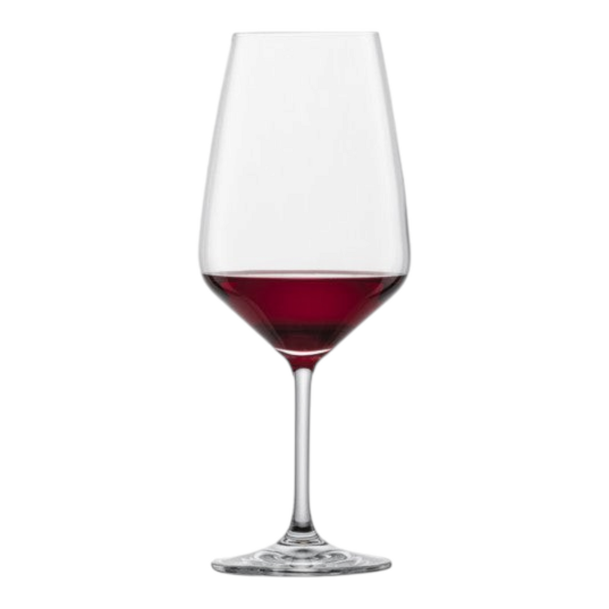 SC Hospitality Taste Bordeaux wine glass in clear Tritan crystal with a tapered tulip bowl filled with red wine.