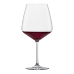 SC Hospitality Taste Burgundy crystal wine glass with a tapered tulip bowl filled with red wine.