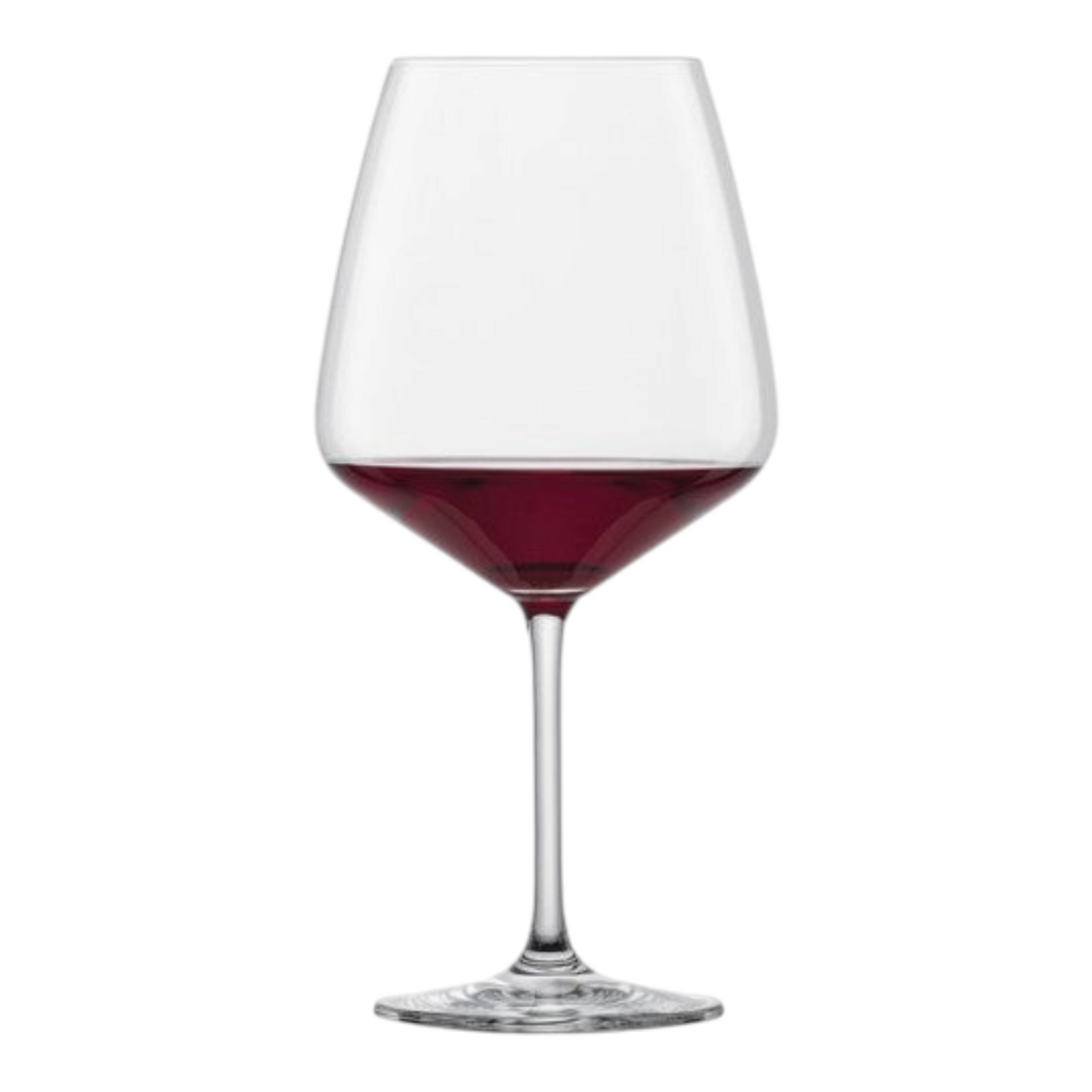 SC Hospitality Taste Burgundy crystal wine glass with a tapered tulip bowl filled with red wine.