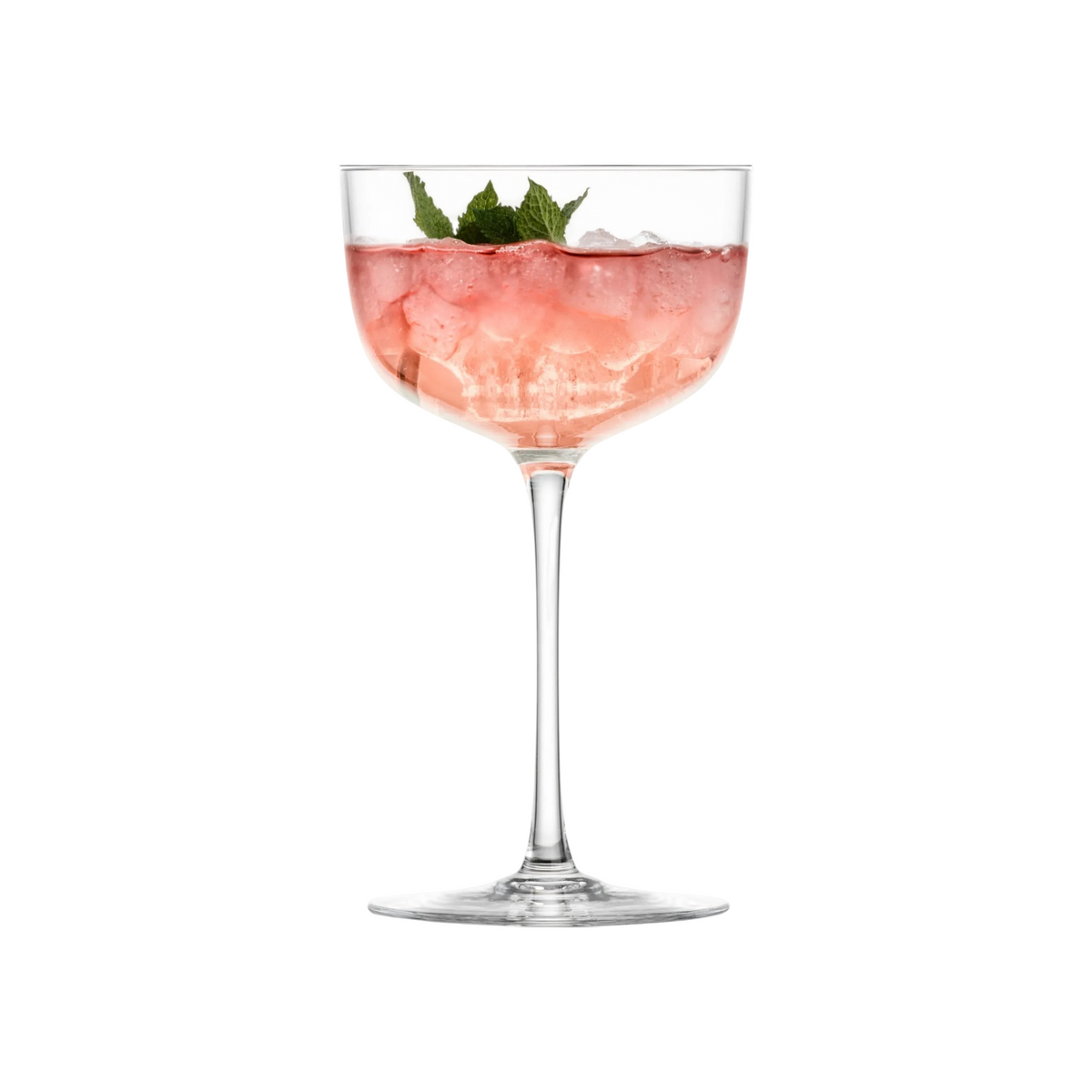 SC Hospitality Tone small cocktail coupe glass filled with a pink drink, ice, and mint garnish on a white background.