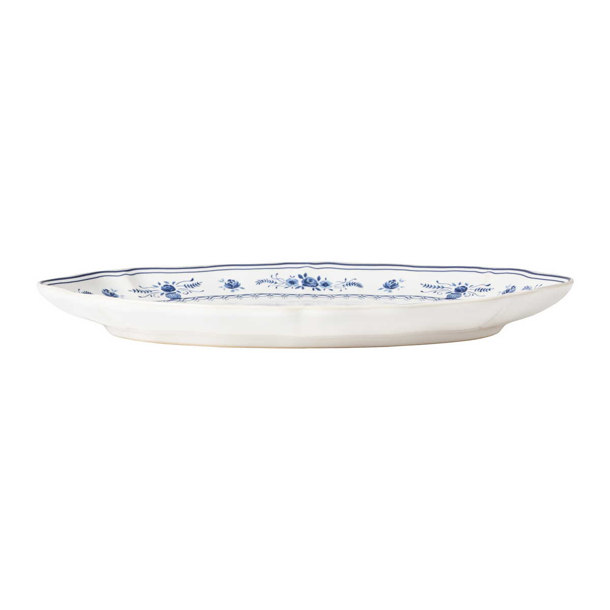 SC Hospitality Vila oval platter in white ceramic with blue floral pattern and decorative rim detail