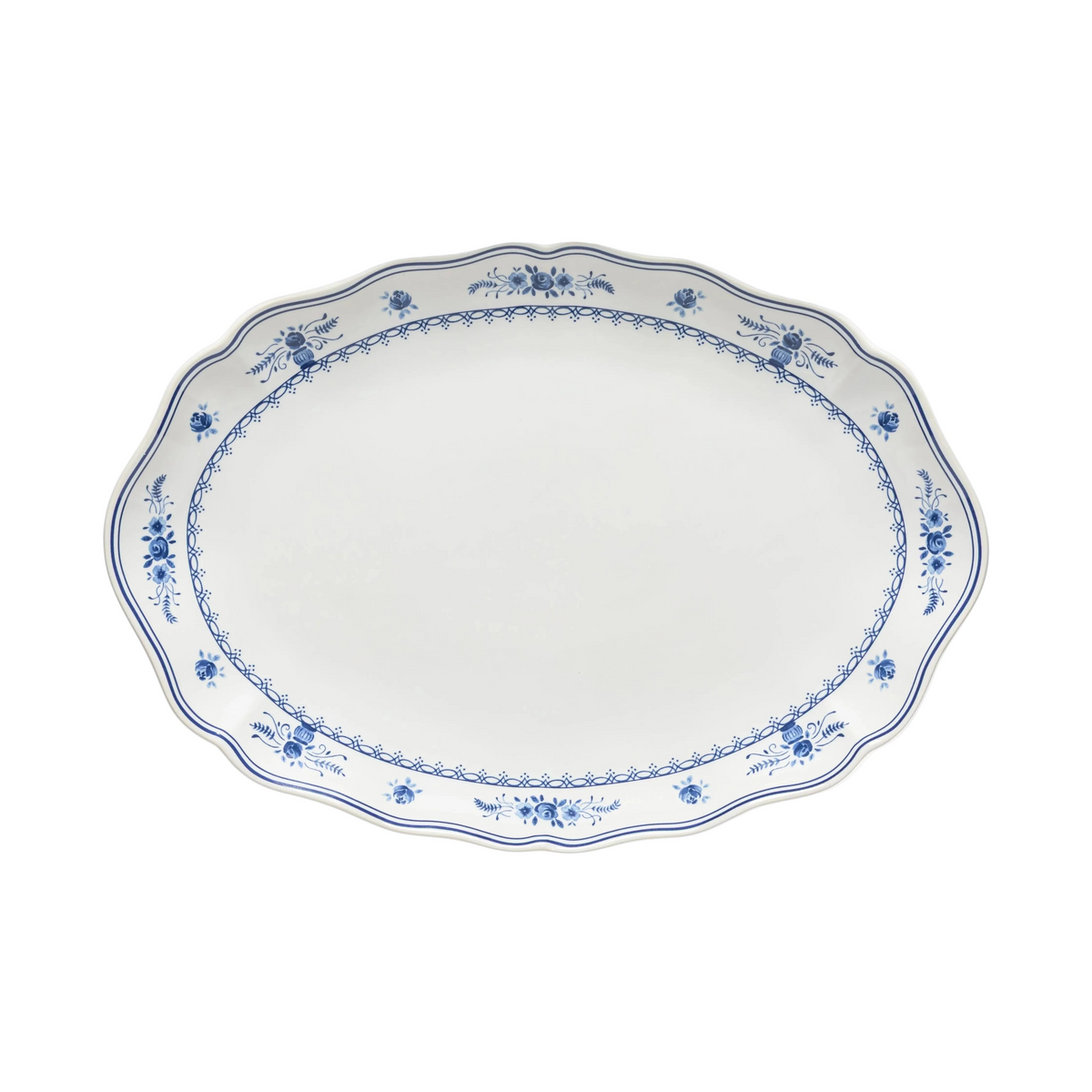 SC Hospitality Vila oval platter in white ceramic with blue floral border and scalloped edges