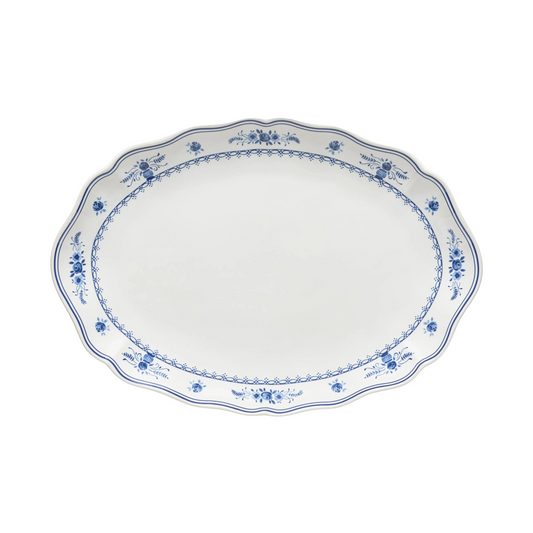SC Hospitality Vila oval platter in white ceramic with blue floral border and scalloped edges