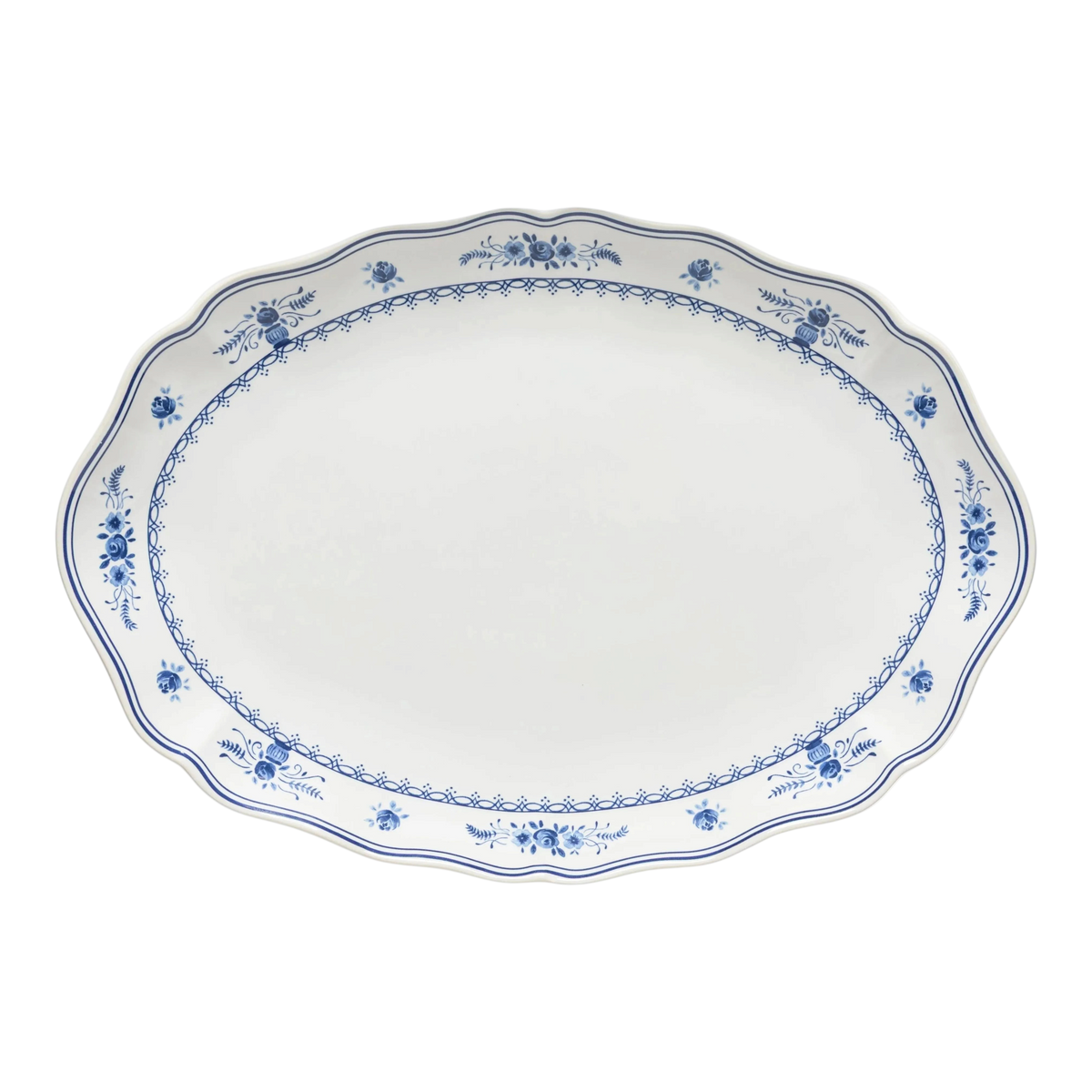 SC Hospitality Vila oval platter 40cm in white ceramic with a delicate blue floral border and scalloped edges.