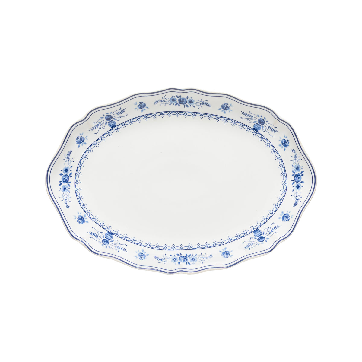 SC Hospitality Costa Nova Vila oval stoneware platter in white with blue floral motifs and scalloped edges.