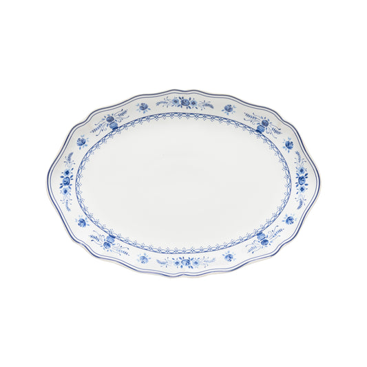 SC Hospitality Costa Nova Vila oval stoneware platter in white with blue floral motifs and scalloped edges.
