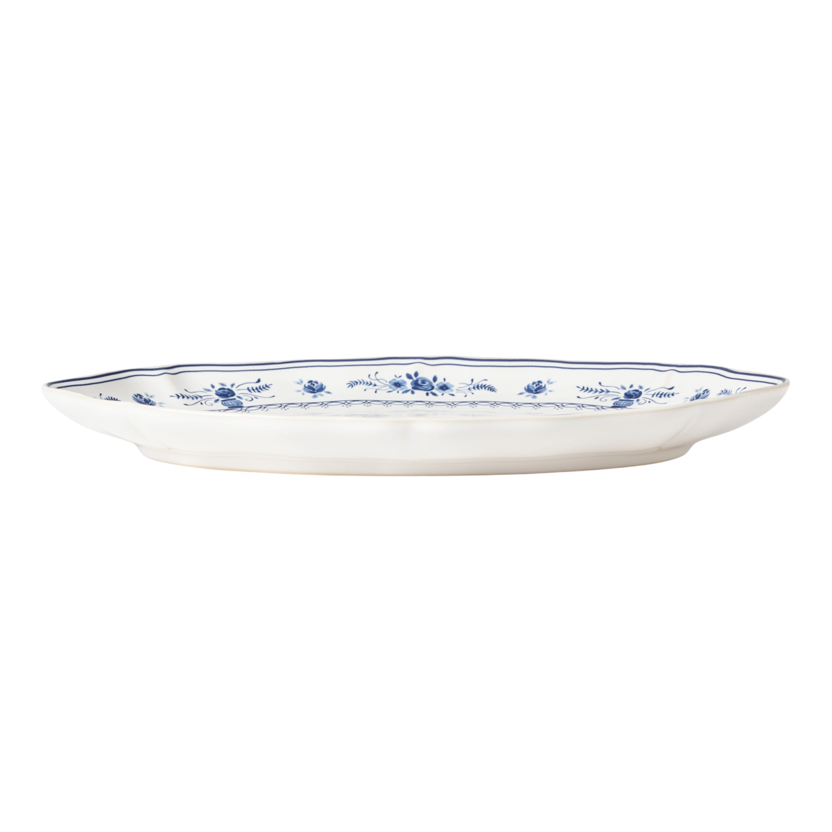SC Hospitality Vila oval stoneware platter in white with blue floral motifs and decorative edge detailing