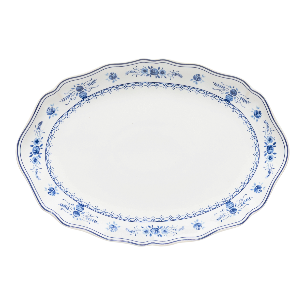SC Hospitality Vila oval stoneware platter in white with blue floral motifs and scalloped edges.