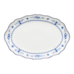 SC Hospitality Vila oval stoneware platter in white with blue floral motifs and scalloped edges.