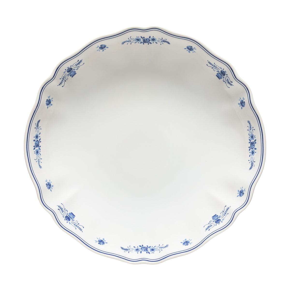 SC Hospitality Vila stoneware serving bowl in white with delicate blue floral motifs and scalloped edges.