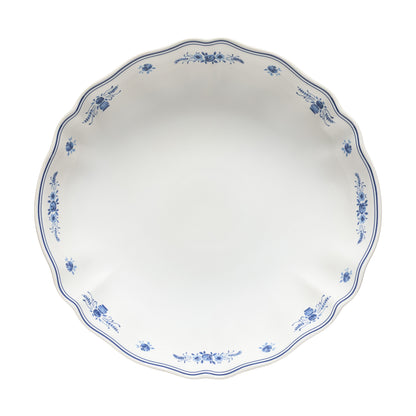 SC Hospitality Vila stoneware serving bowl in white with delicate blue floral motifs and scalloped edges.