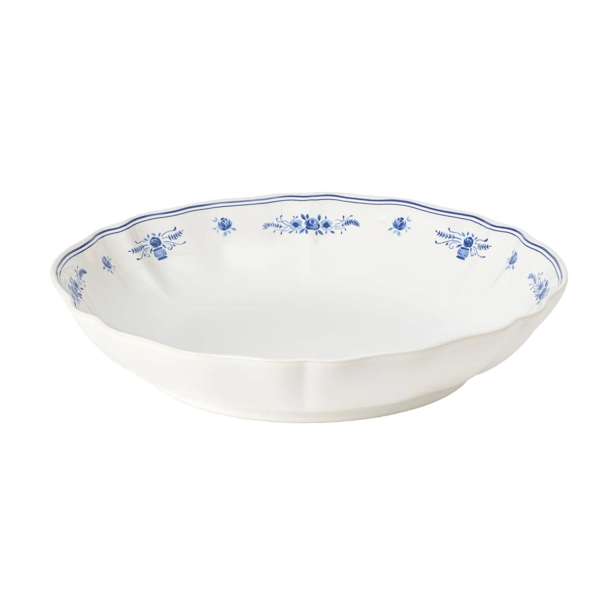 SC Hospitality Vila 34cm white stoneware serving bowl with delicate blue floral motifs and scalloped edges.