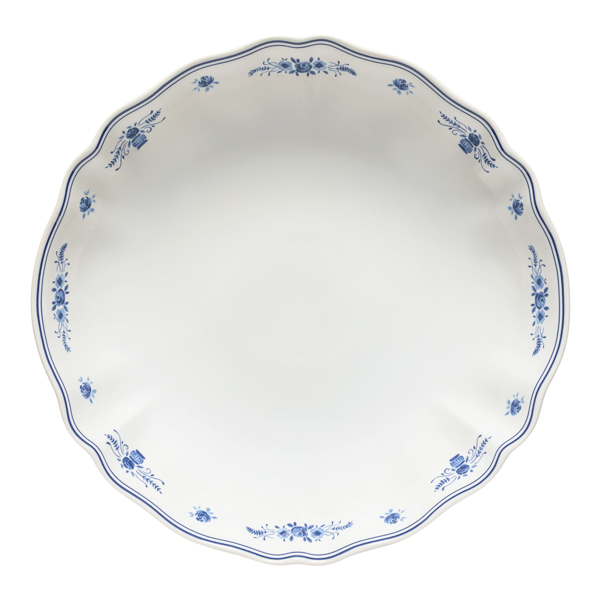 SC Hospitality Costa Nova Vila stoneware serving bowl in white with delicate blue floral motifs and scalloped edges.