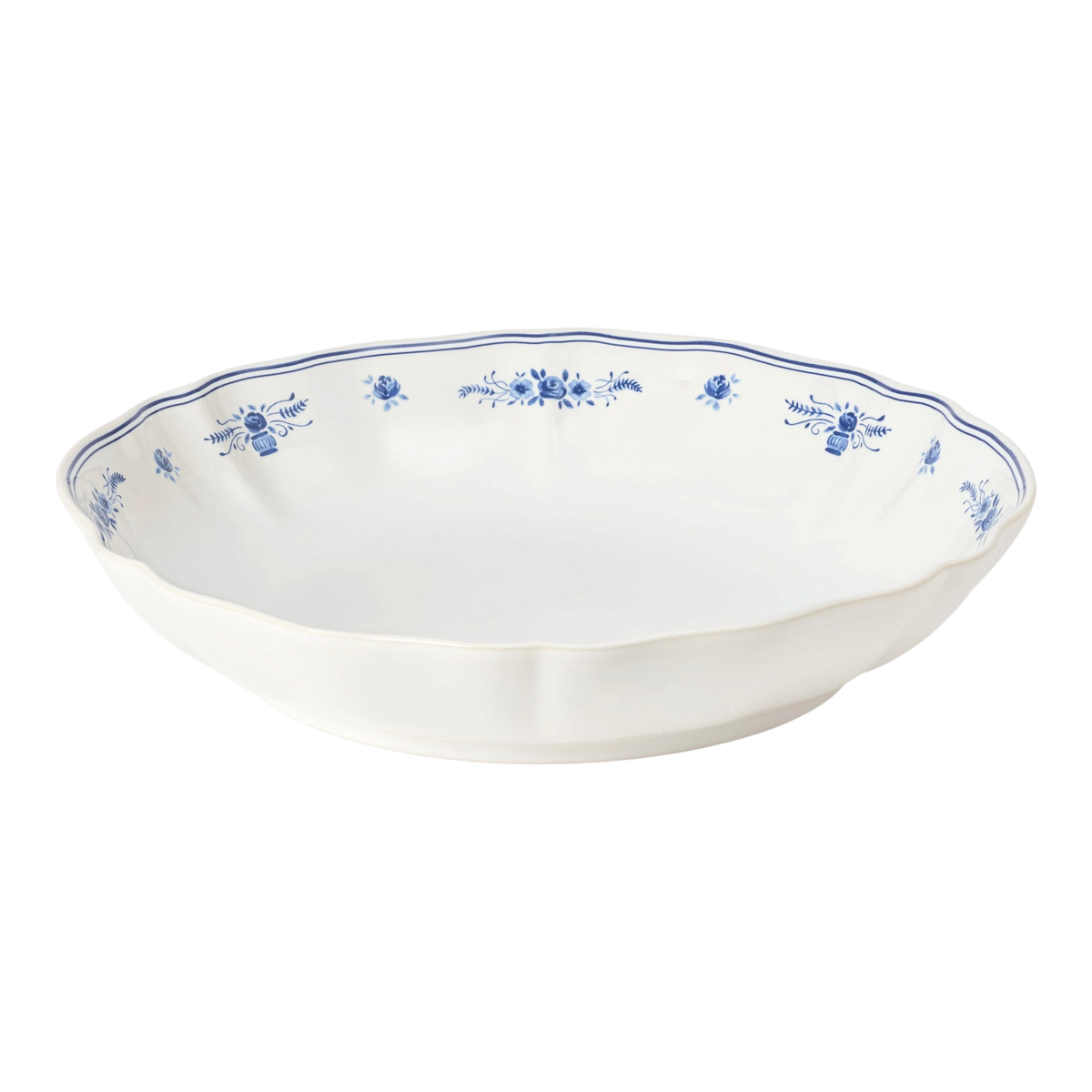 SC Hospitality Vila 34cm white stoneware serving bowl with delicate blue floral motifs and scalloped edges.