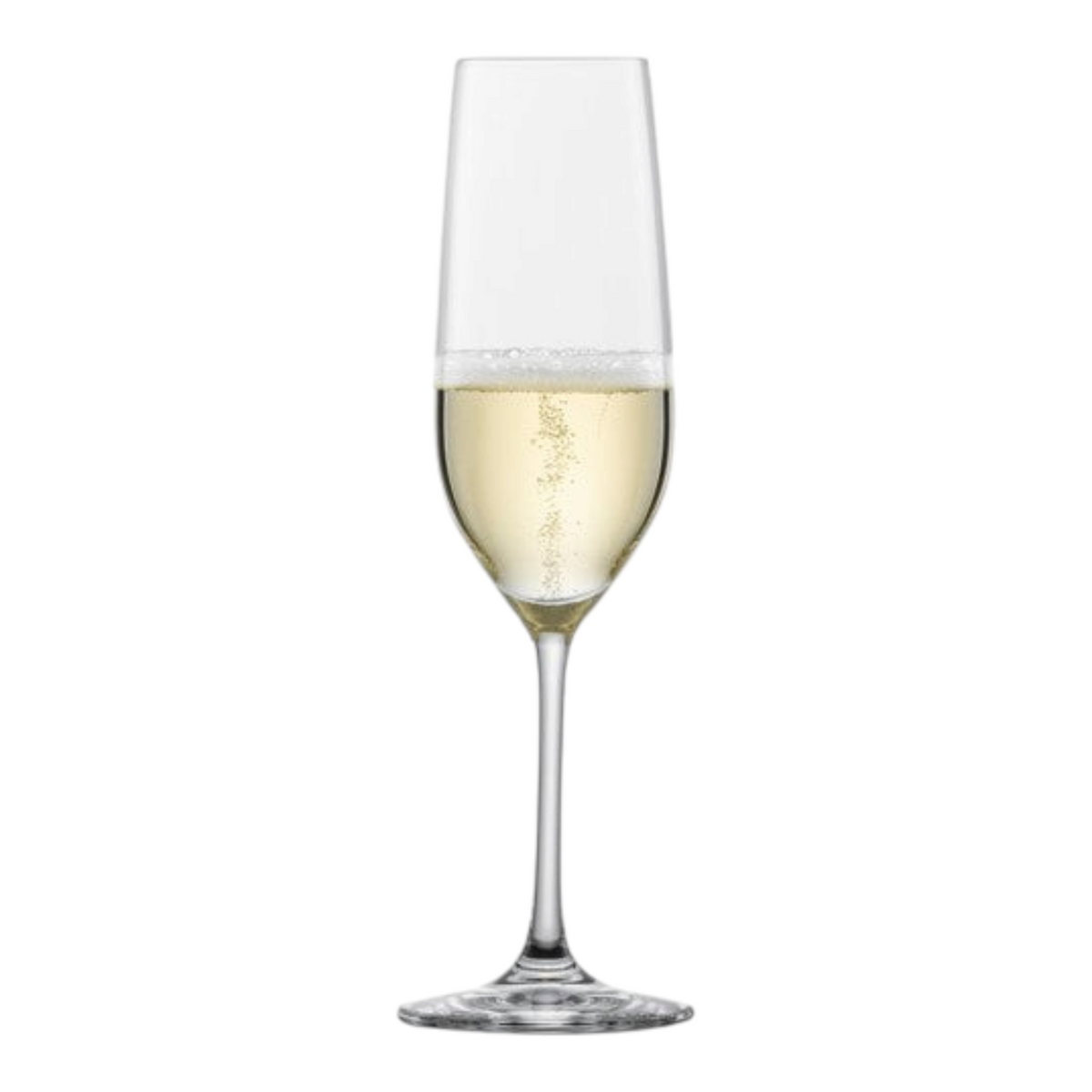 SC Hospitality Vina crystal champagne flute filled with sparkling wine, featuring a sleek, durable stemware design.