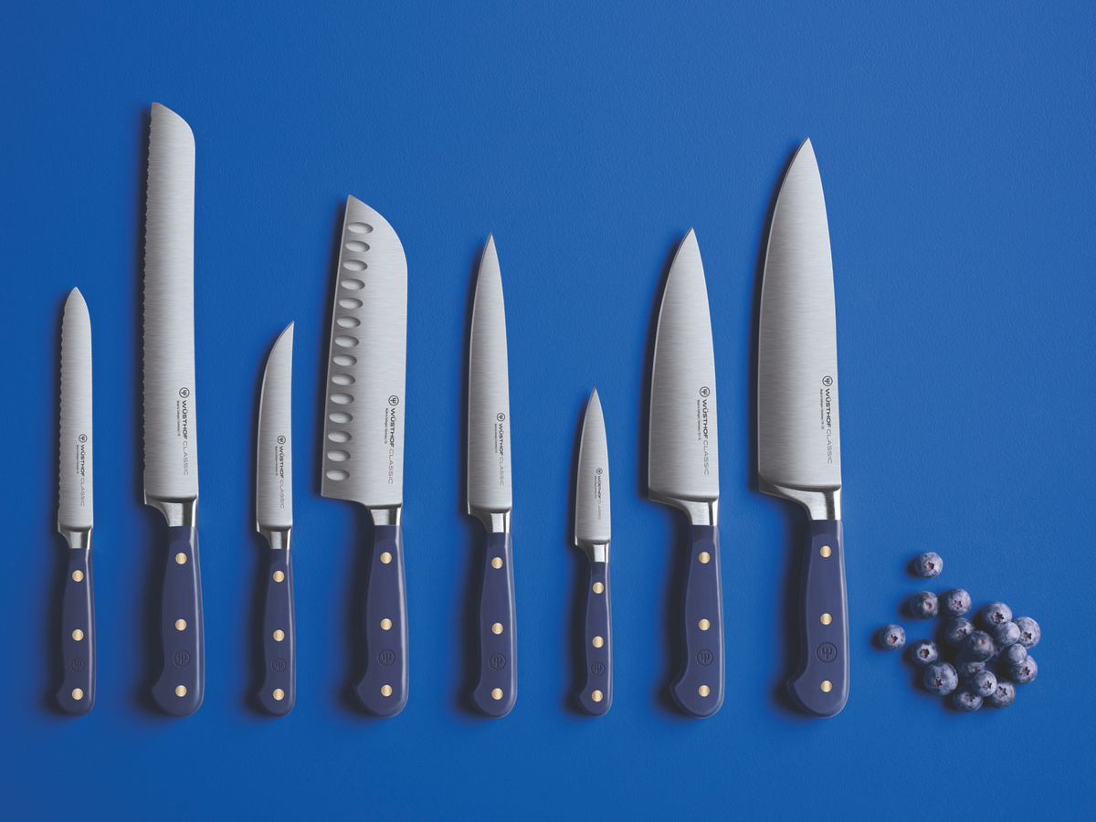 SC Hospitality Wüsthof Classic Wild Blueberry knife set with stainless steel blades and blue synthetic handles