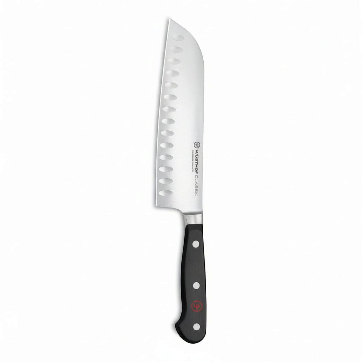 SC Hospitality WÜSTHOF Classic 17cm Santoku knife with a granton edge blade and triple-riveted black handle.