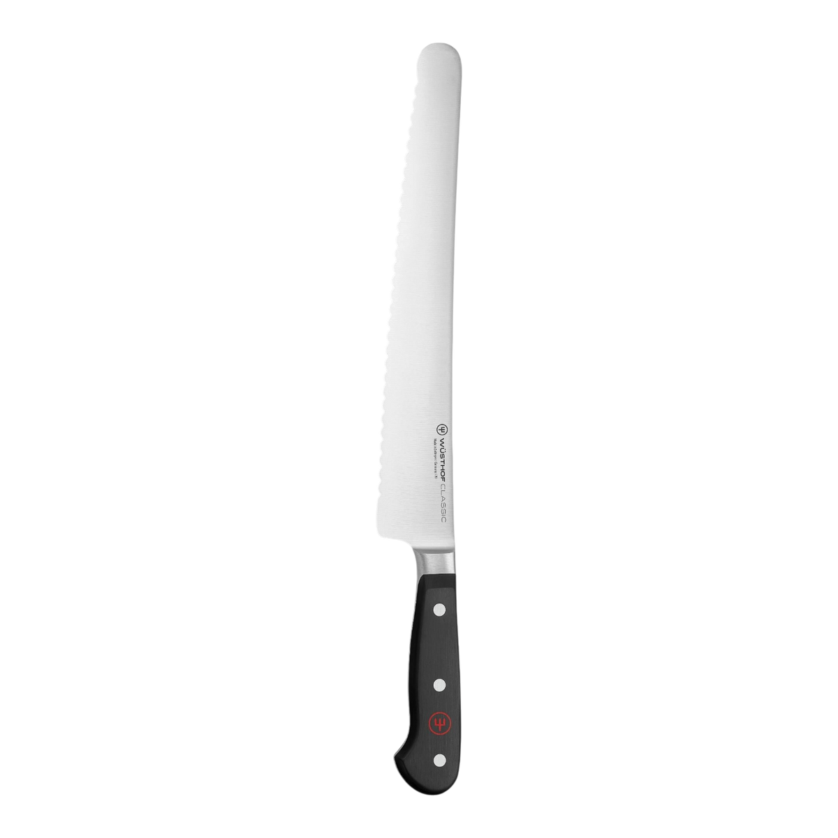 SC Hospitality WÜSTHOF Classic 26cm super slicer knife with a serrated stainless steel blade and black riveted handle.