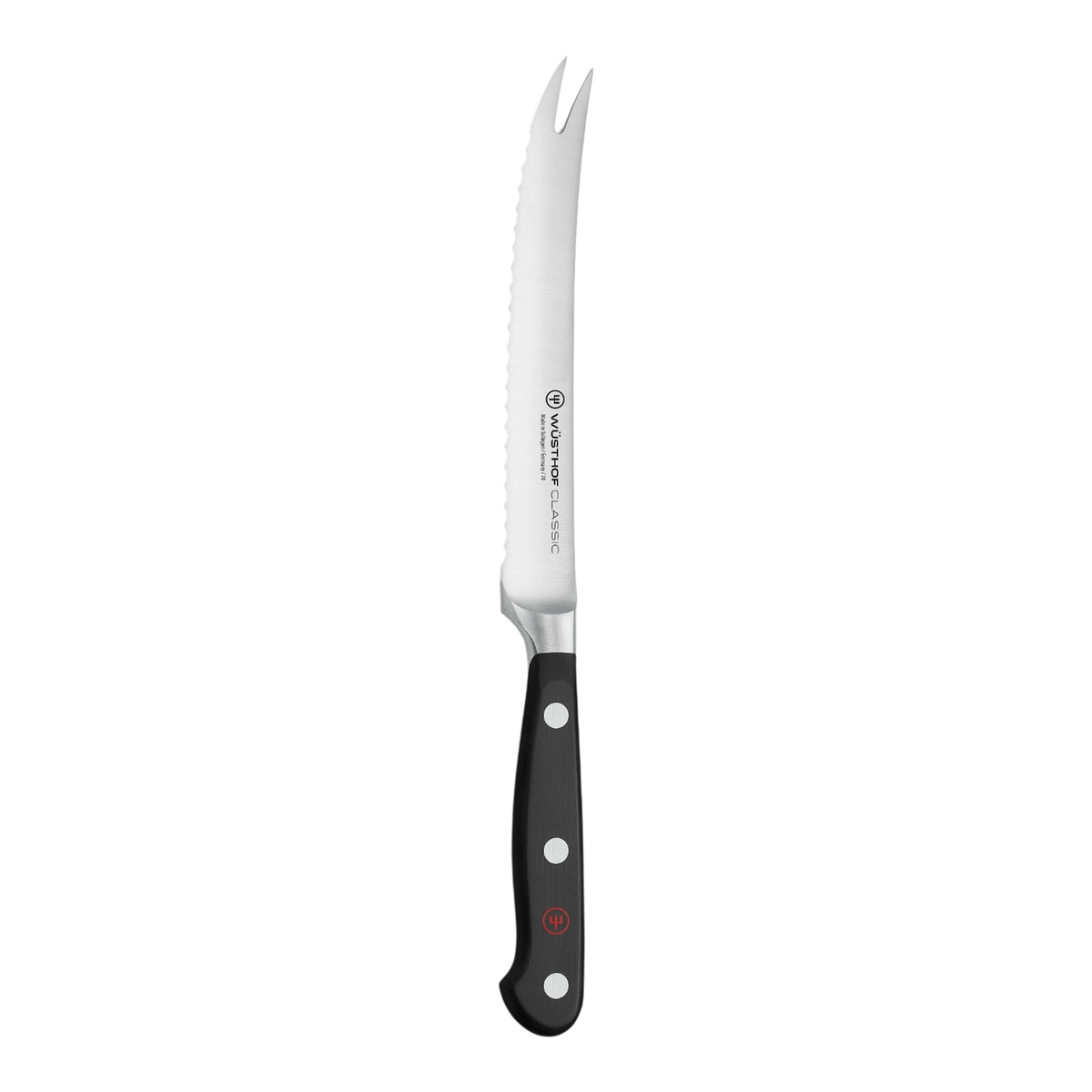 SC Hospitality WÜSTHOF Classic 14cm tomato knife with a serrated stainless steel blade and triple-riveted black handle.