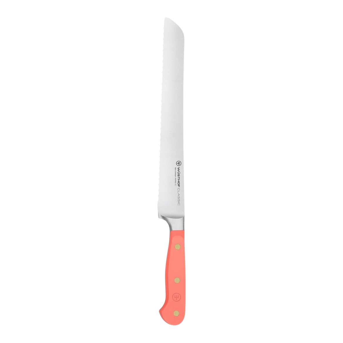 SC Hospitality Wüsthof 23cm double serrated bread knife with a coral peach synthetic handle and stainless steel blade.