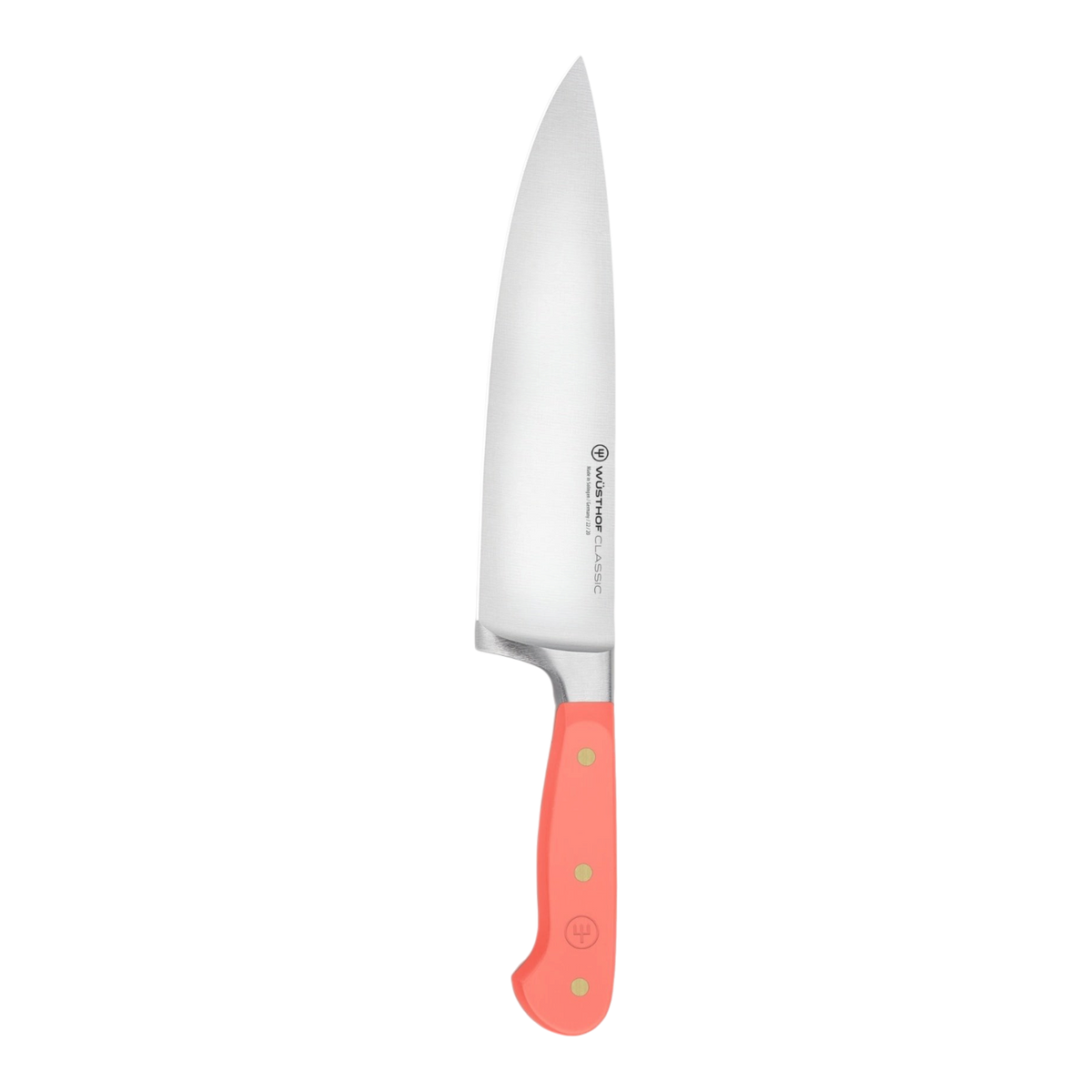 SC Hospitality Wüsthof 20cm cooks knife with a coral peach synthetic handle and stainless steel blade