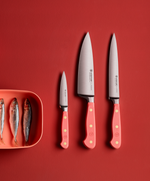 SC Hospitality Wüsthof Classic coral peach knives with stainless steel blades and ergonomic handles next to fresh fish