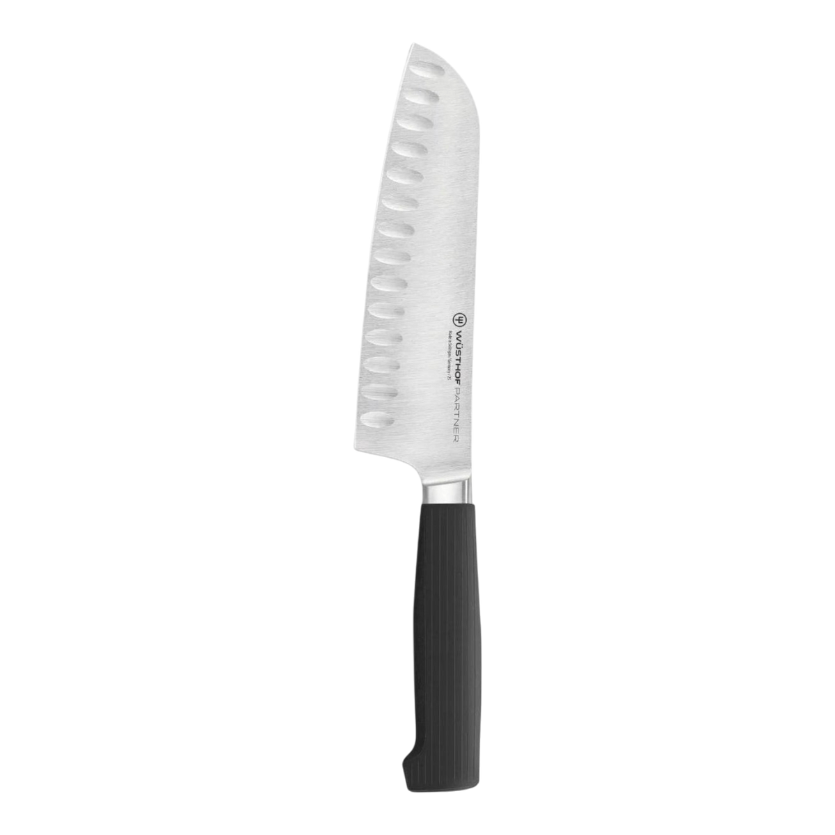 SC Hospitality WÜSTHOF Partner 17cm Santoku knife with a stainless steel granton blade and black ergonomic handle