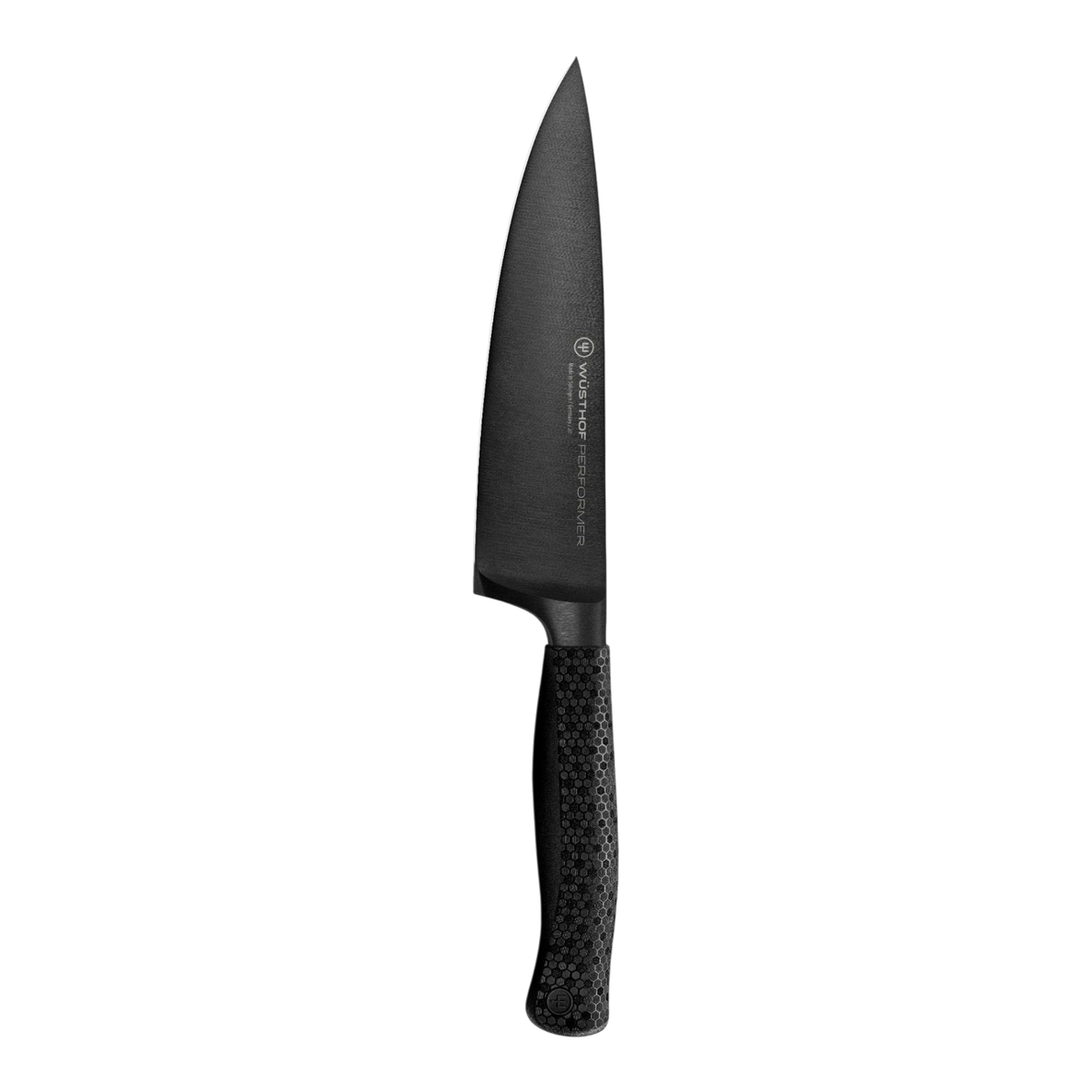 SC Hospitality WÜSTHOF Performer 16cm cooks knife with a black DLC coated blade and textured hexagon power grip handle.