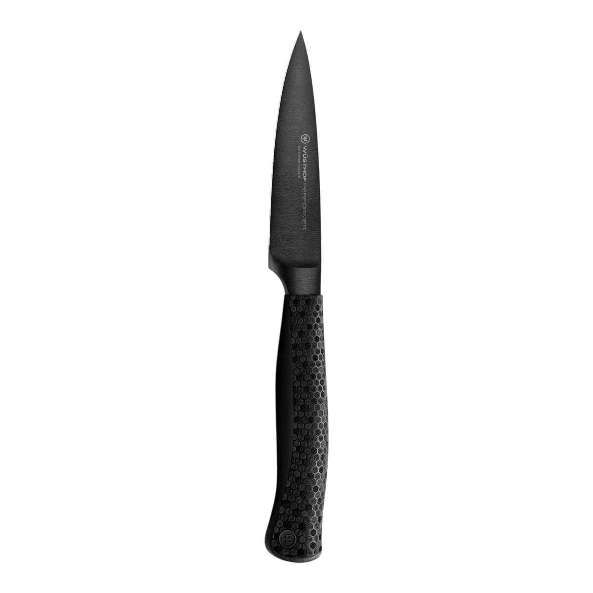 SC Hospitality WÜSTHOF Performer 9cm paring knife with black DLC coated blade and textured hexagon power grip handle.