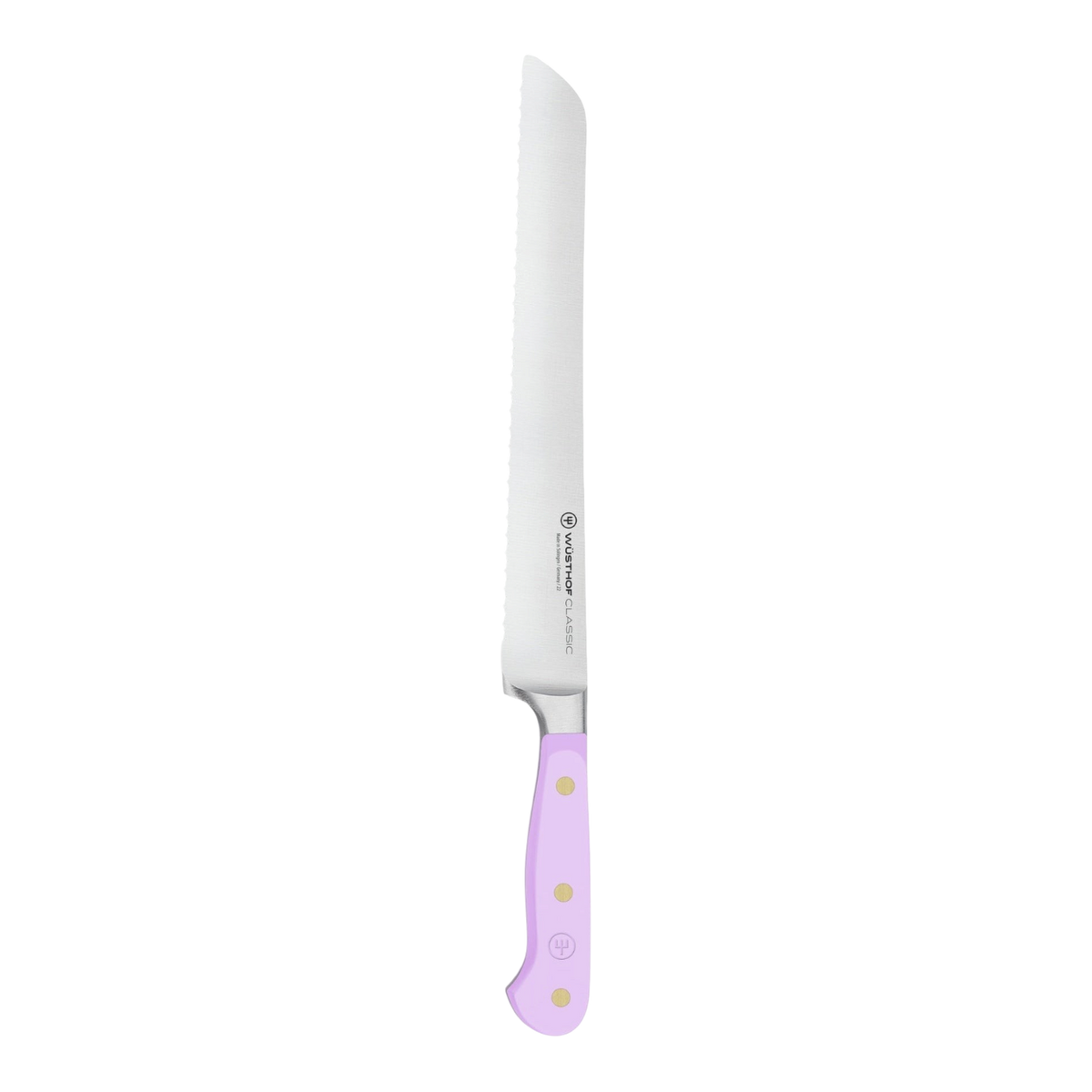 SC Hospitality Wüsthof 23cm double serrated bread knife with a purple yam synthetic handle and stainless steel blade.