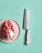 SC Hospitality WÜSTHOF Santoku knife with a pink Himalayan salt handle next to a head of radicchio on a pink plate.