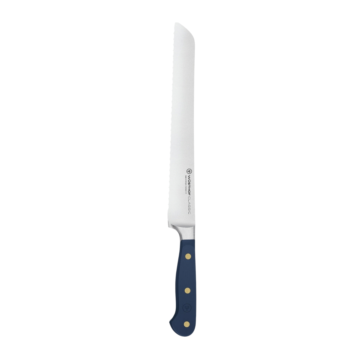 SC Hospitality Wüsthof 23cm double serrated bread knife with a blue synthetic handle and stainless steel blade.